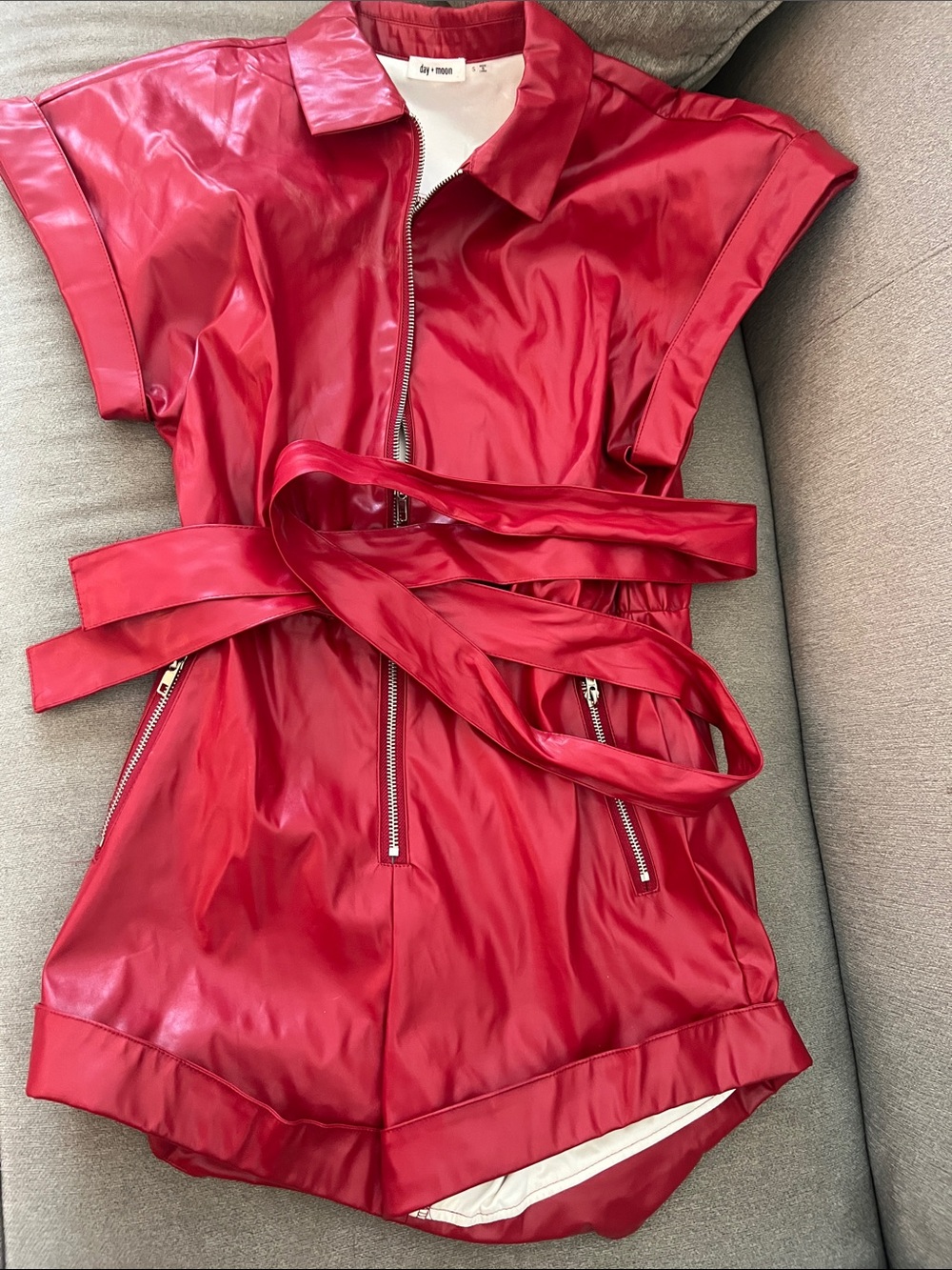 day+moon Red Short-Sleeve Belted Faux-Leather Romper